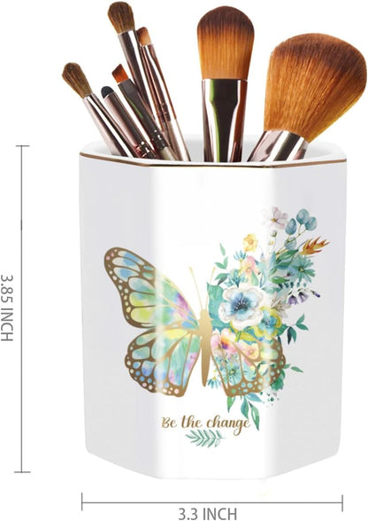 WAVEYU Ceramic Pen Holder for Desk Cute, Pencil Cup Pot Desk Organizer, Makeup Brush Holder for Women, Men, Kids, Desk Marble Decor for Office, Classroom, Home, Gray Golden