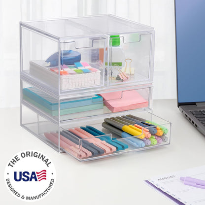 STORi Chloe Space-Saving Clear Drawer Organizer (4 Wide Drawers) Sort Office, Kitchen, Beauty Supplies, Makeup, Pens, Jewelry, Stationary, Made in USA