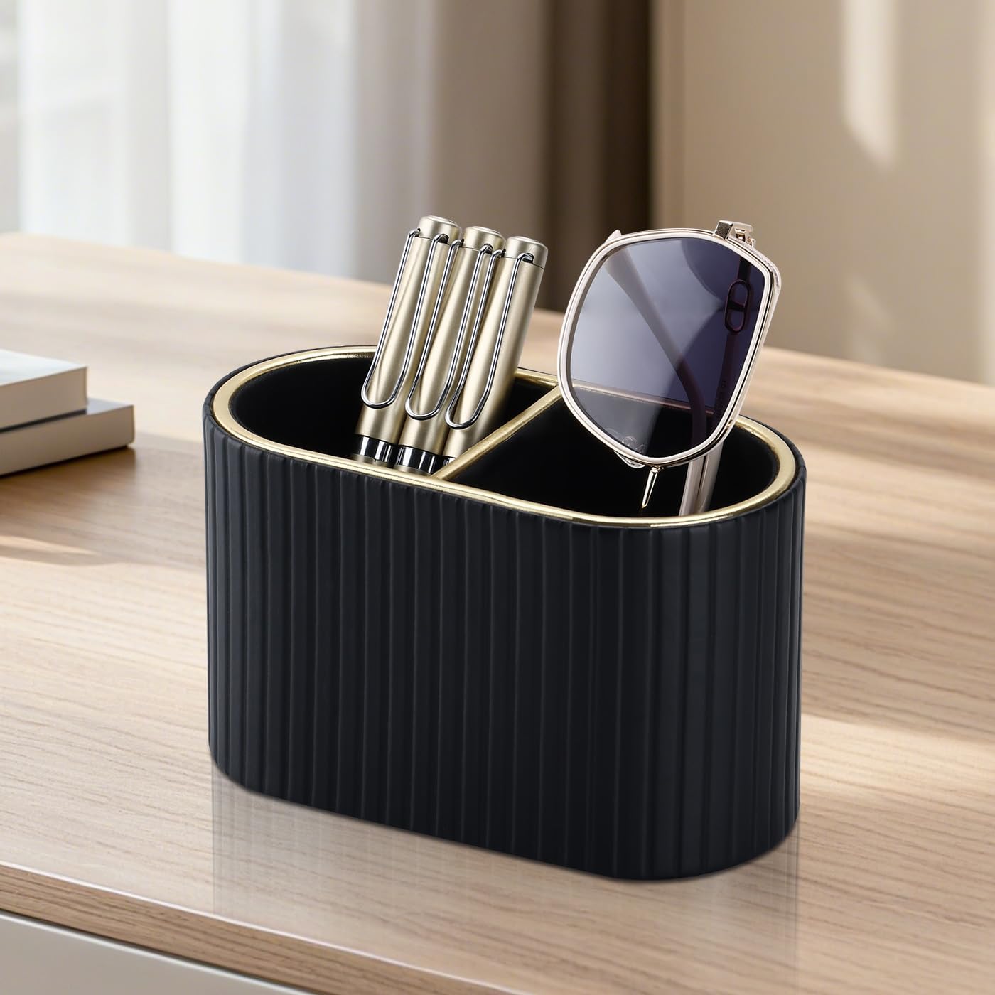 KINGFOM PU Leather Desk Organizer Pen Holder – Dual-Compartment Stylish Pencil Cup Remote Control Holder Desktop Supplies and Accessories Organizer Caddy for Office Home School (Light Beige)