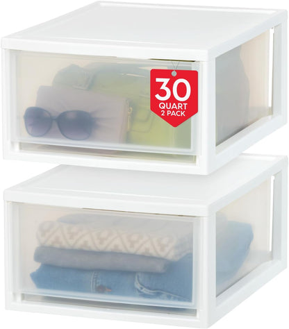 IRIS USA 47 Qt. Extra-Large Stackable Storage Drawer Plastic Drawer Organizer with Clear Doors, for Pantry Bedroom Closet Kitchen Under-Sink Home and Office De-Clutter Shoes and Crafts, White, 2-Pack