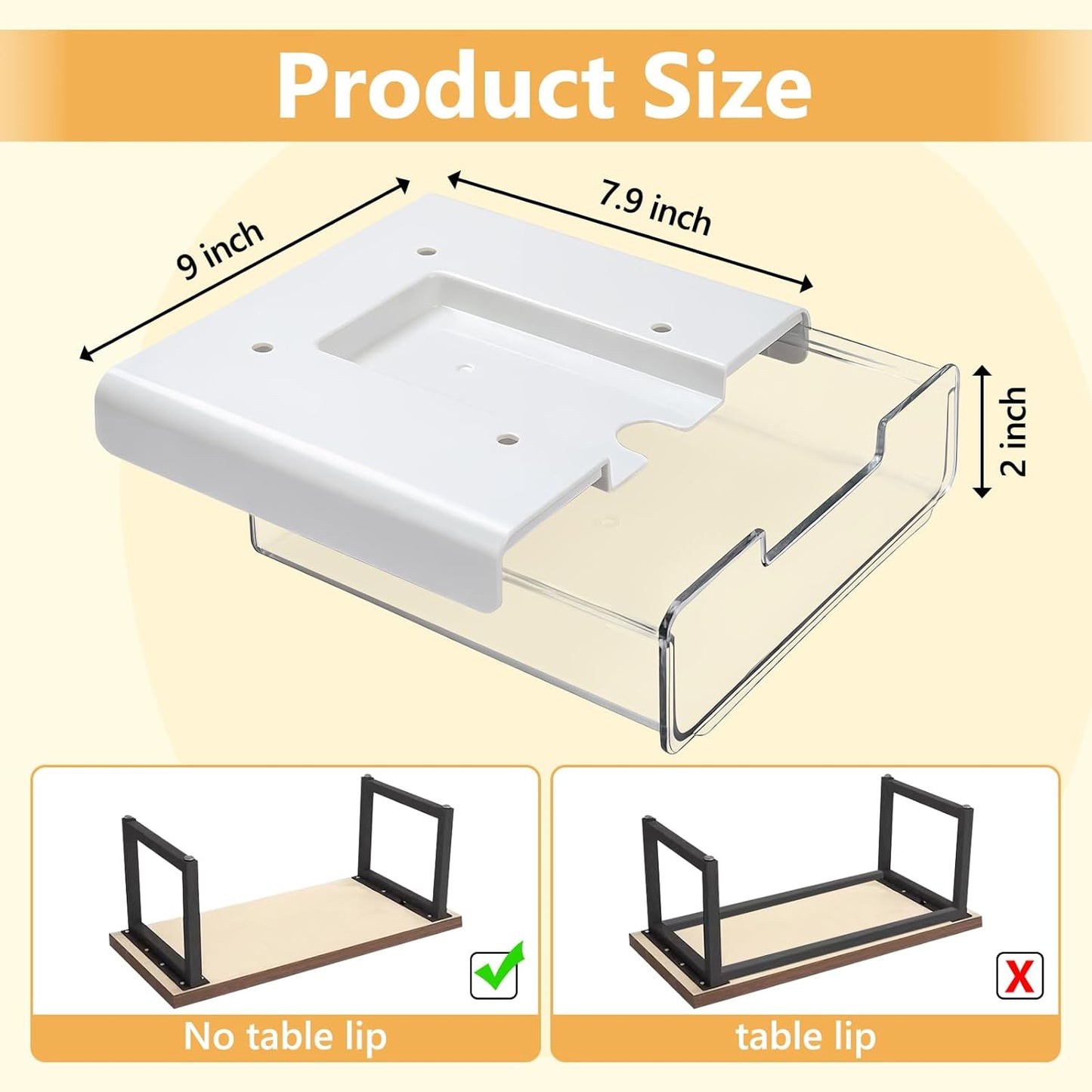 Under Desk Storage Drawers Self-Adhesive Easy Hidden Desktop Organizer, Attachable Clear Acrylic Storage Tray Under Table Drawer for Home Office School Counters Workstation, 2 Pack