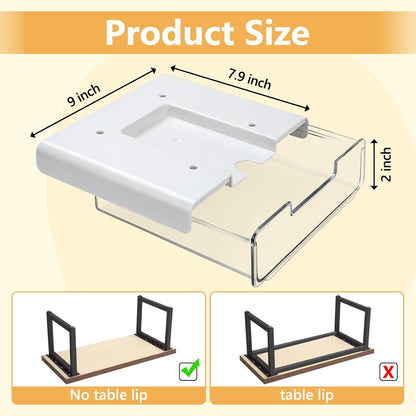 Under Desk Storage Drawers Self-Adhesive Easy Hidden Desktop Organizer, Attachable Clear Acrylic Storage Tray Under Table Drawer for Home Office School Counters Workstation, 2 Pack