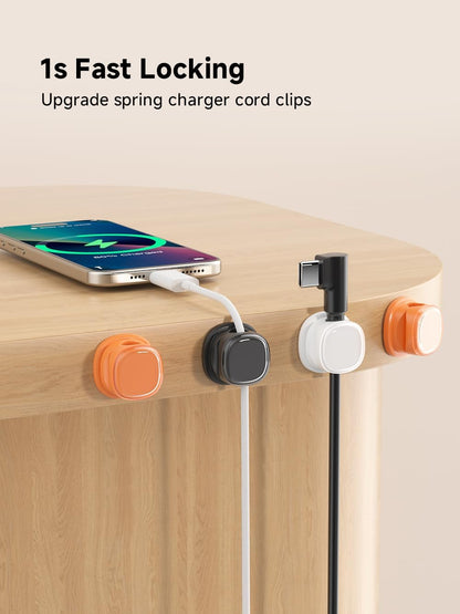 9 Pack Cord Organizer, Spring Cable Management, Adhesive Cute Cable Holder Clips, Phone Charger Wire Keeper for Desk Nightstand Car Office (9-Pack White_Orange_Blue)