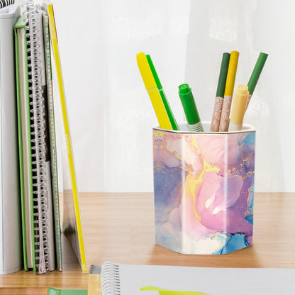 WAVEYU Ceramic Pen Holder for Desk Cute, Pencil Cup Pot Desk Organizer, Makeup Brush Holder for Women, Men, Kids, Desk Marble Decor for Office, Classroom, Home, Gray Golden