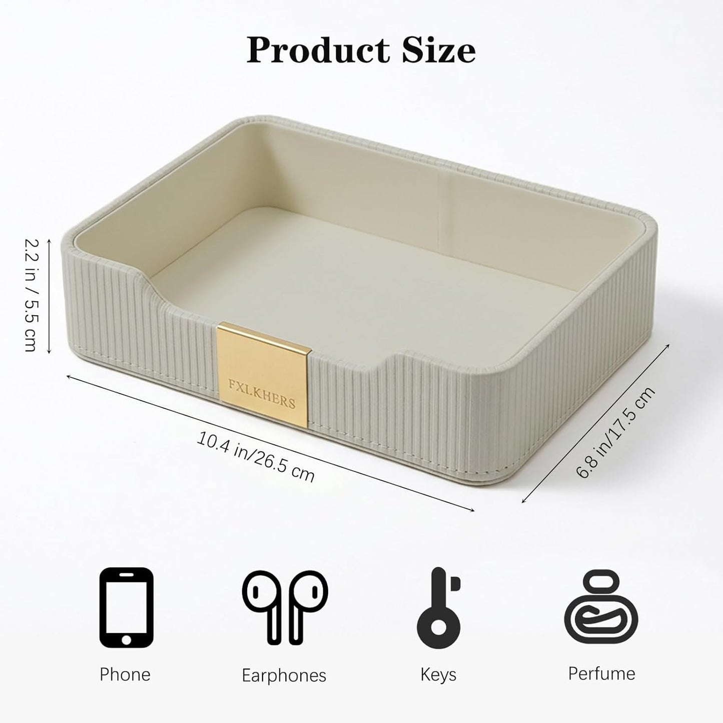 Valet Tray Nightstand Storage Organizer - PU Leather Desktop Storage Organizer Fits Cosmetics Perfume Skincare Lipsticks for Dresser Vanity, Catchall Tray for Watch Wallet Phone Keys|Beige