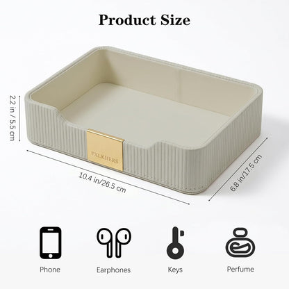 Valet Tray Nightstand Storage Organizer - PU Leather Desktop Storage Organizer Fits Cosmetics Perfume Skincare Lipsticks for Dresser Vanity, Catchall Tray for Watch Wallet Phone Keys|Beige