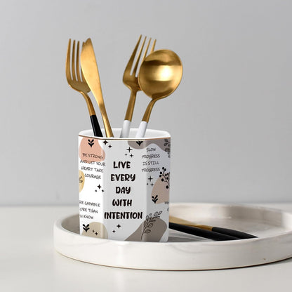 WAVEYU Ceramic Pen Holder for Desk Cute, Pencil Cup Pot Desk Organizer, Makeup Brush Holder for Women, Men, Kids, Desk Marble Decor for Office, Classroom, Home, Gray Golden
