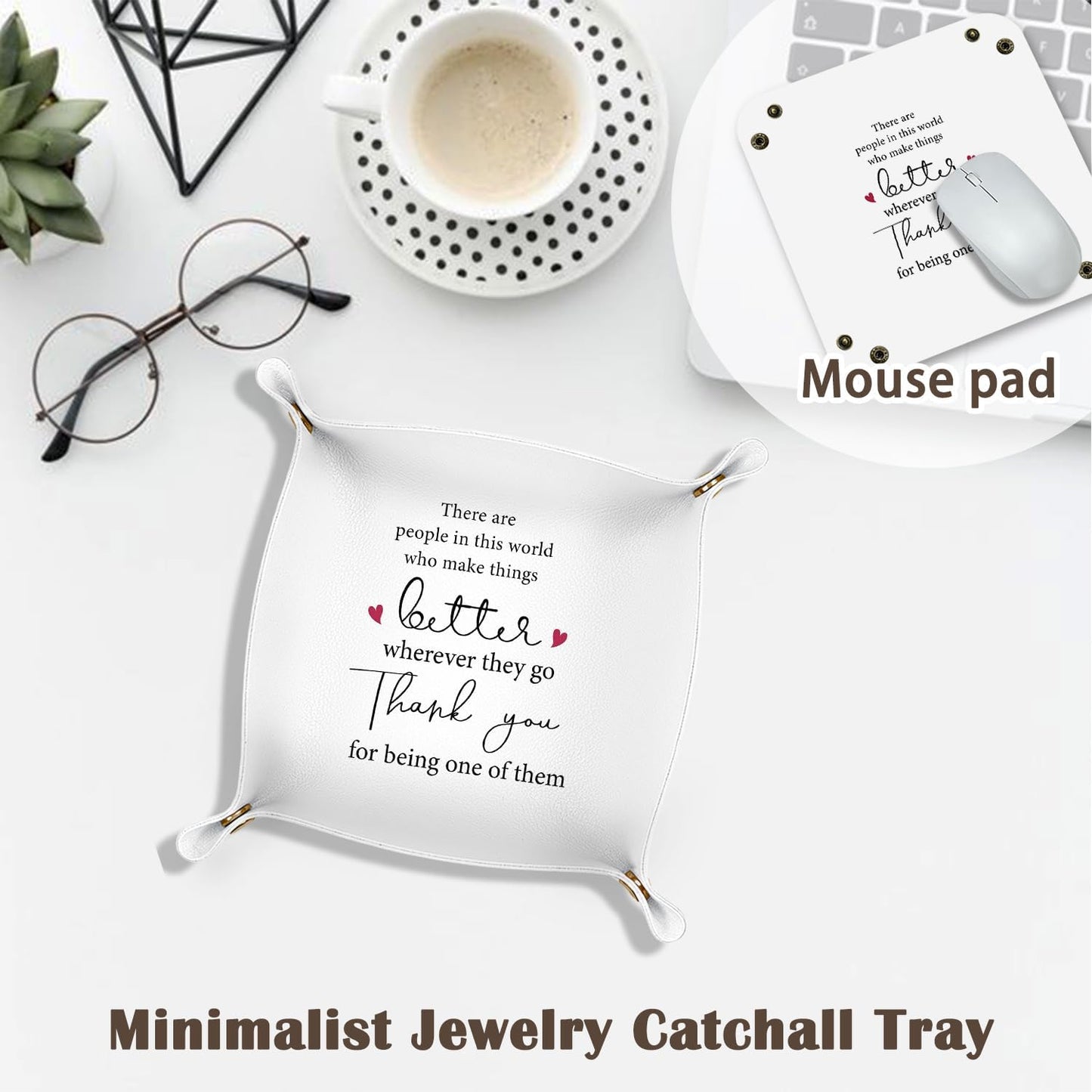 Inspirational Gifts for Women Jewelry Valet Tray, Motivational Positive Affirmations Gifts for Women, Blue Retro Nightstand Desk Accessories PU Leather Tray Organizer for Jewelry Rings Watches