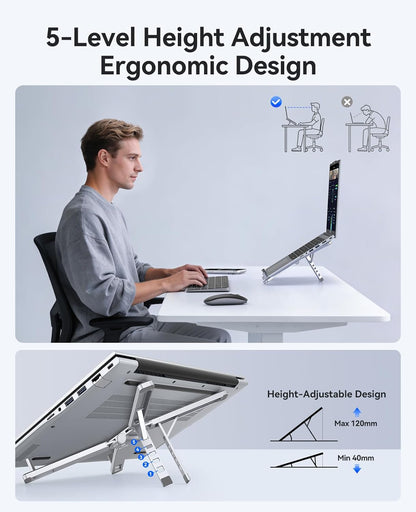 ORICO Portable Laptop Stand for Travel & Desk, Ultra-Compact Foldable Aluminum 3-in-1 Riser for Laptop, Tablet & Phone, 5 Adjustable Heights, Compatible with MacBook/HP/Dell/iPad/iPhone – PN1 (Gray)