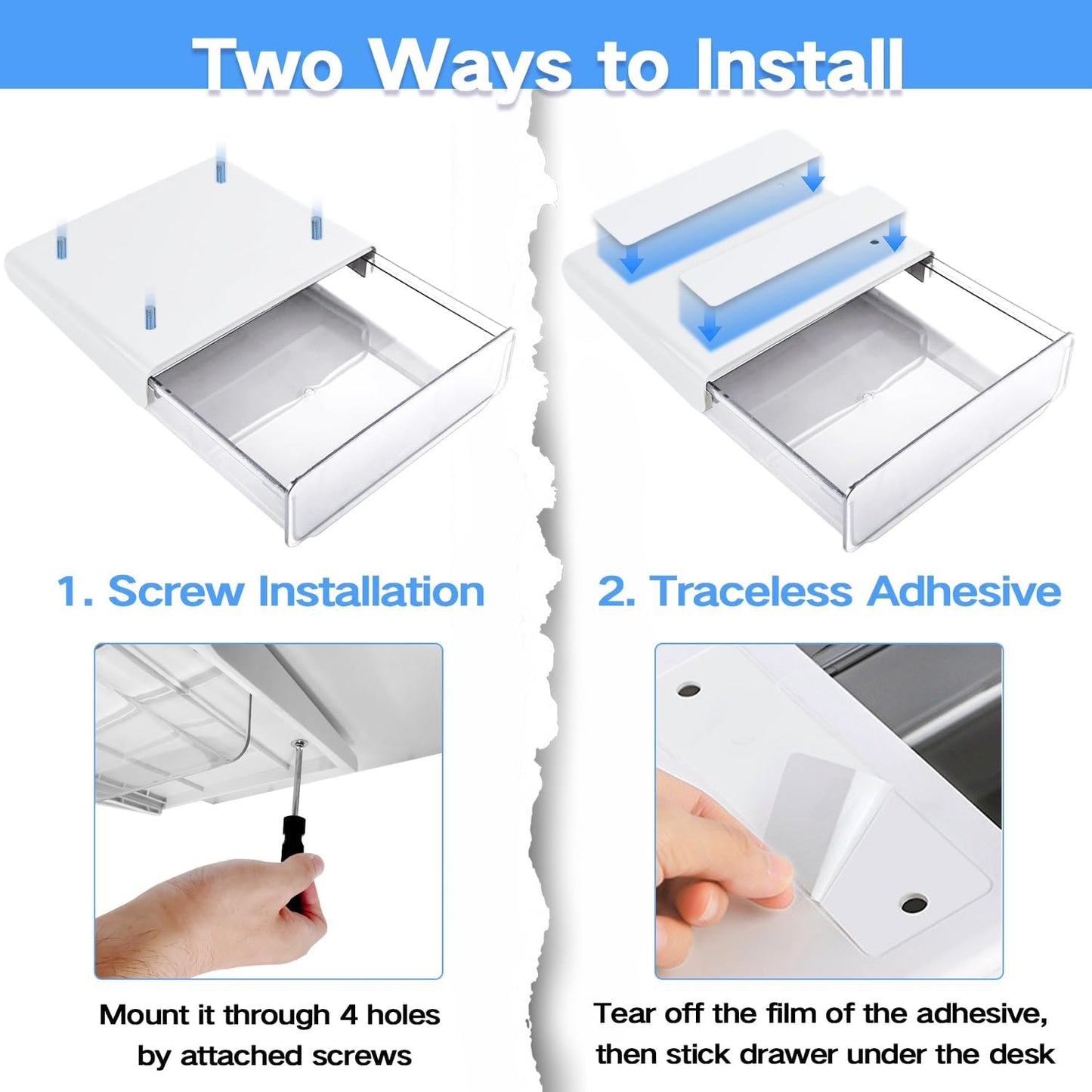 Self-adhesive Under Desk Drawer Organizer, 2 Pack Table Hidden Slide Out Large Storage Mounted Desktop Pencil Holder Tray Drawers for Office Home School Stationery Kitchen (Large, White)