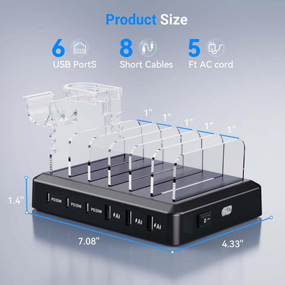 Charging Station for Multiple Devices,60W 6 Port Charger Station with 7 Mixed Charging Cables,USB Charging Dock,Compatible with Cellphone,Tablet, Kindle, iPhone iPad and More (White)