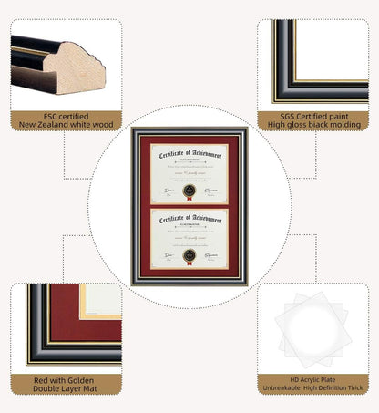 ELSKER&HOME Diploma Frame - Wide Solid Wood Frame - Black Velvet Golden Rim Mat - Semi-Tempered Glass - Includes Hanging Hardware and Desktop Easel(ONLY Display 11×14 Document/Certificate)
