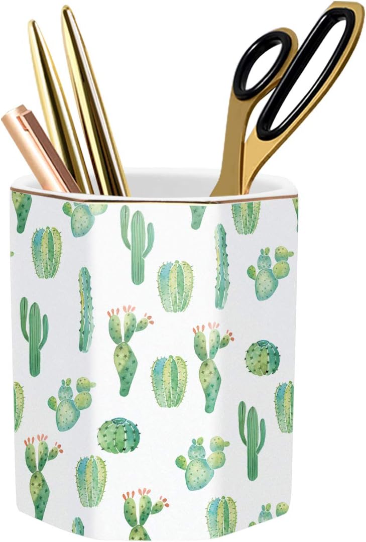 WAVEYU Ceramic Pen Holder for Desk Cute, Pencil Cup Pot Desk Organizer, Makeup Brush Holder for Women, Men, Kids, Desk Marble Decor for Office, Classroom, Home, Gray Golden