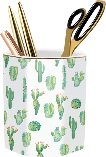 WAVEYU Ceramic Pen Holder for Desk Cute, Pencil Cup Pot Desk Organizer, Makeup Brush Holder for Women, Men, Kids, Desk Marble Decor for Office, Classroom, Home, Gray Golden