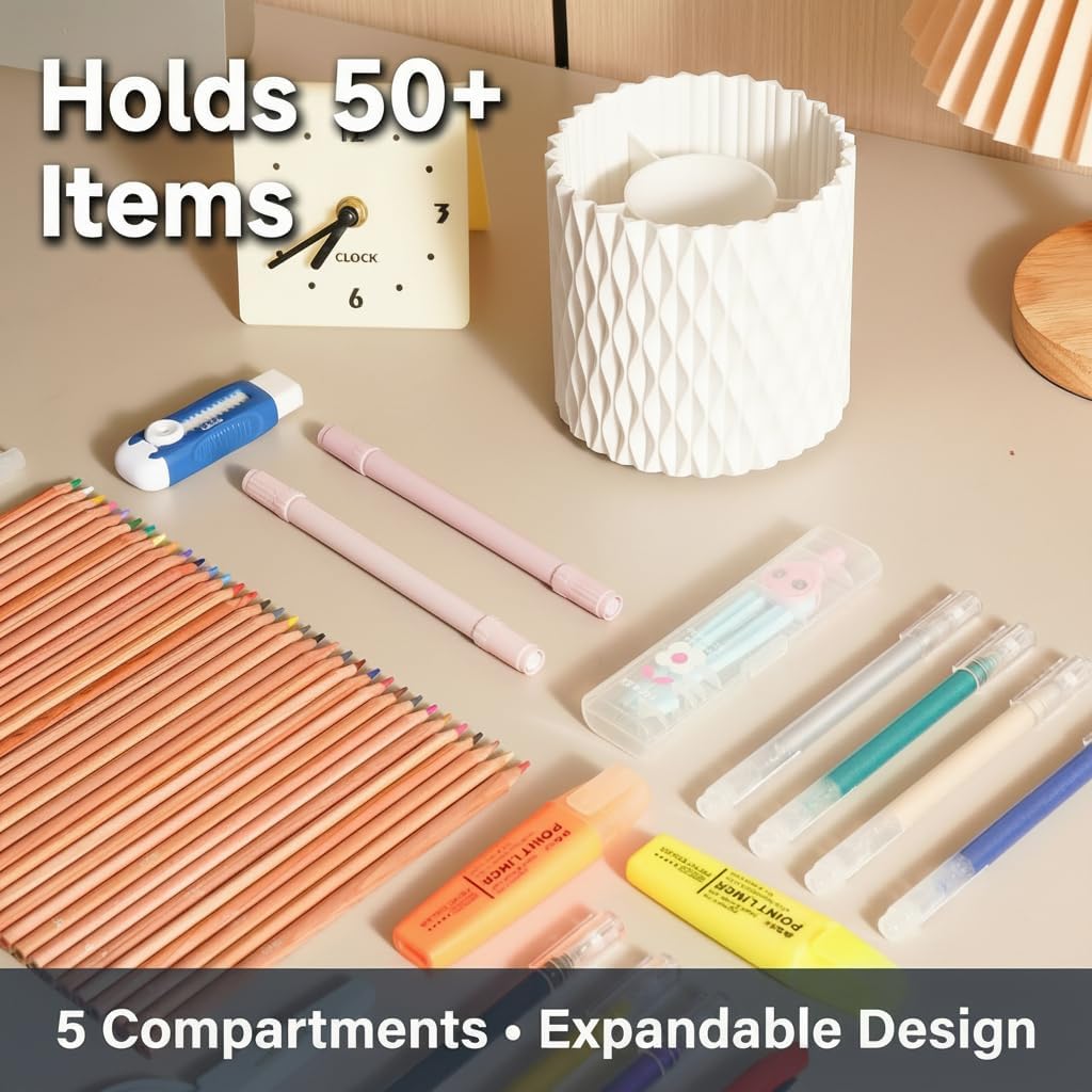 Black Pen Holder for Desk, 360° Rotating Pen Organizer with 5 Slots - Spinning Pencil Holder & Pencil Cup for Office, Art Supply, Makeup Brush - Desk Organizer for Home, School