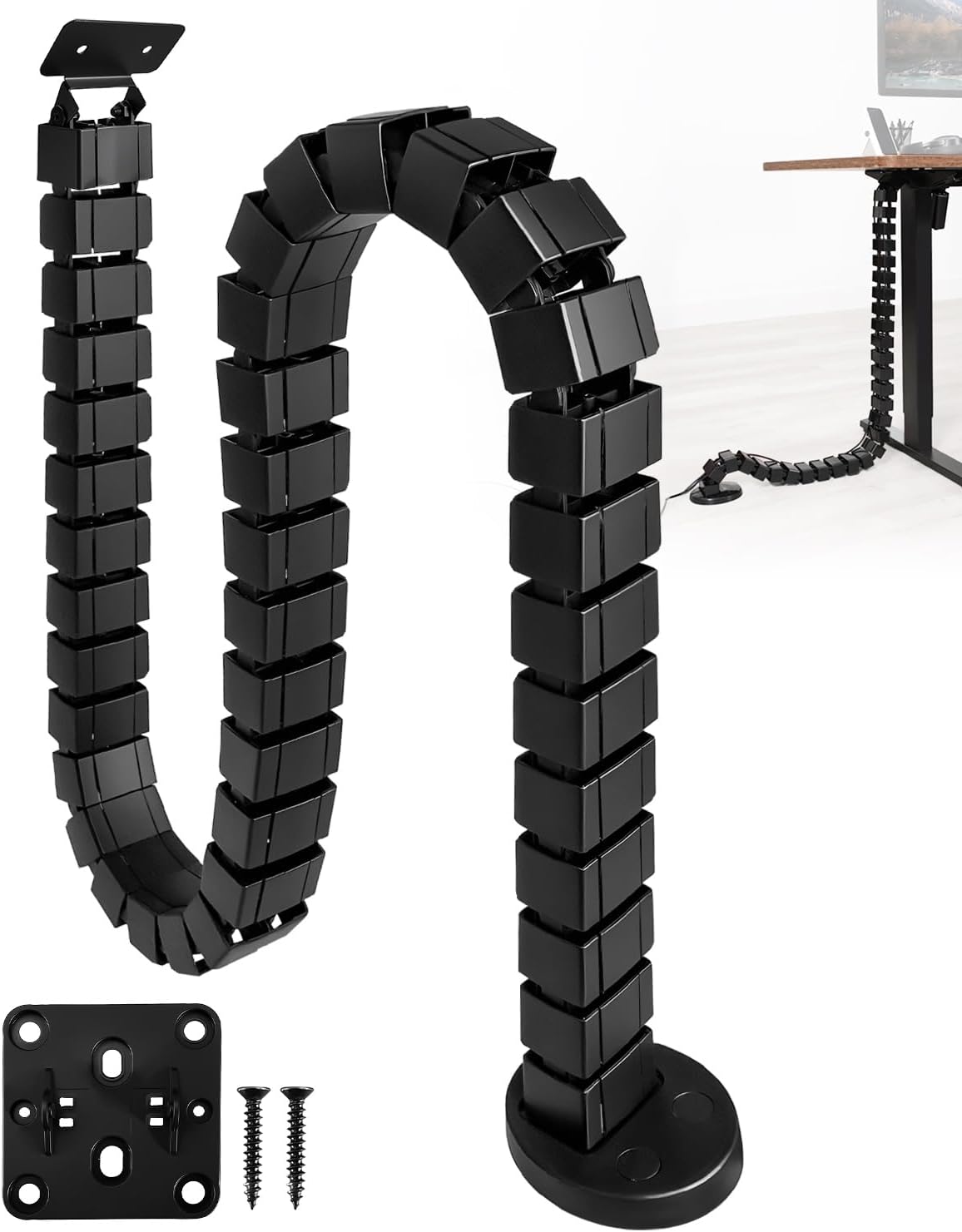 Under Desk Cable Management Kit Fit for Sit Stand Desk Cable Management, Screw Fixation Adjustable Length Cable Management Spinal, Flexible Chain Raceway Cable Management