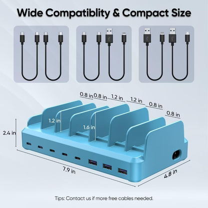 300W Charging Station for Multiple Devices, 8 Port Multi USB C Fast Charger Station Dock for MacBook iPhone 17/16/15/14/13/12 Samsung Pixel Series iPad, Black (6 Mixed Short Cables Included)
