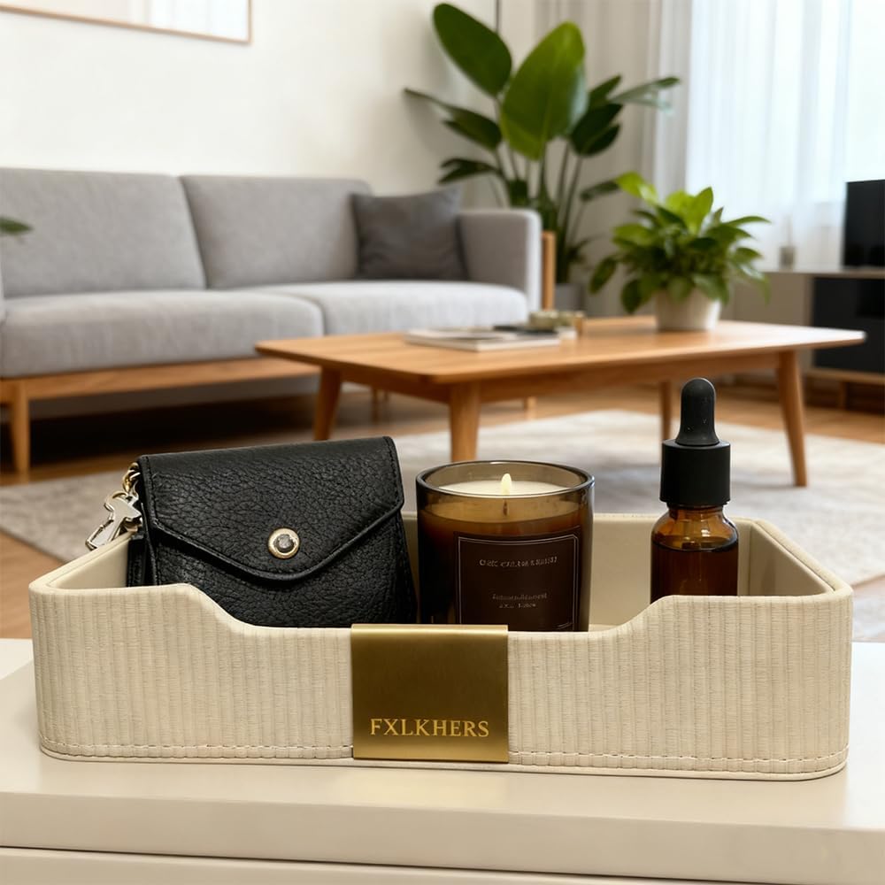 Valet Tray Nightstand Storage Organizer - PU Leather Desktop Storage Organizer Fits Cosmetics Perfume Skincare Lipsticks for Dresser Vanity, Catchall Tray for Watch Wallet Phone Keys|Beige