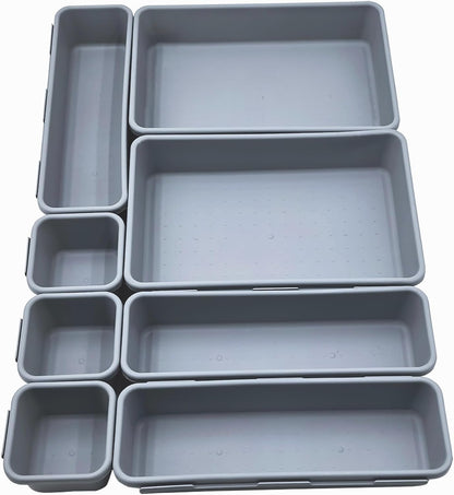 U-KIME 8-Piece Interlocking Drawer Organizer Trays, Light gray Plastic Modular Storage Bins for Kitchen, Bathroom, Office & Desk Drawers