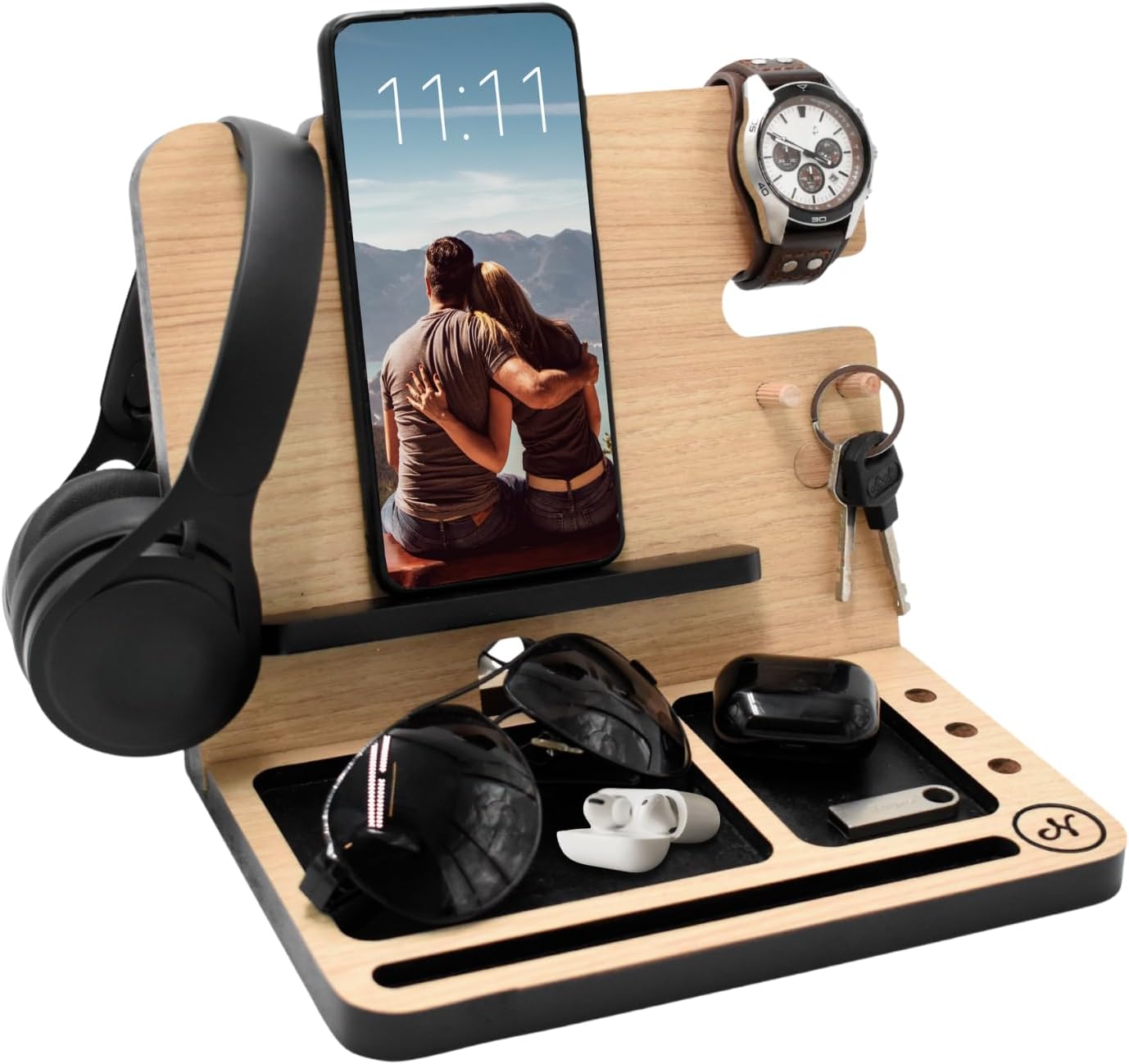 Namore Wood Phone Docking Station for Men – Nightstand & Desk Organizer with Valet Tray for Wallet, Watch & Keys – Bedside Organizer Gift for Husband or Dad
