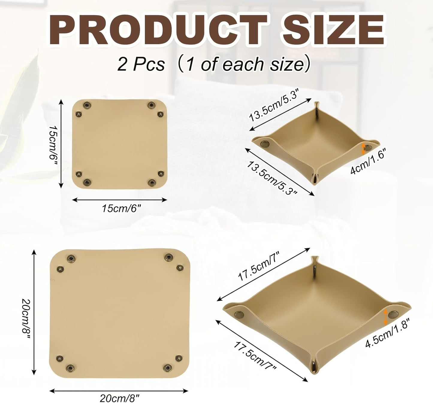 uxcell 2 Pcs Leather Valet Tray, Folding Jewelry Tray Organizer Square Travel Dish Plate Desk Organizer for Women and Men Storage Jewelry Keys Wallet Coin (2 Sizes, Beige)