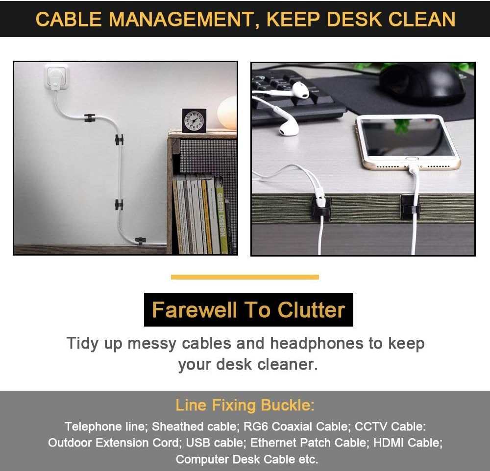 Cable Clips Adhesive Cord Organizer, Management 3M Cable Ties Wire Clips Organizer Cable Clamp Holders for Desk Car Tables PC Laptop TV Home Office Walls (0.75"x0.6", 30pcs, Black)