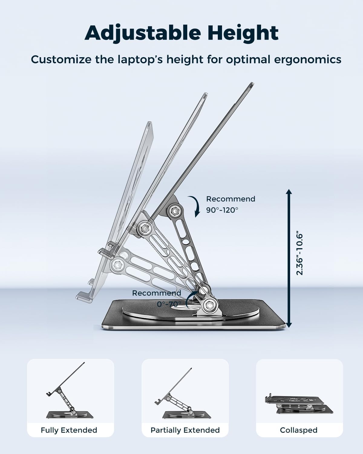 Aoviho 360° Rotating Laptop Stand for Desk | Adjustable, Foldable, Portable Aluminum Ergonomic Riser | Compatible with MacBook, Dell, HP & All Laptops 10-16 inch | Gray
