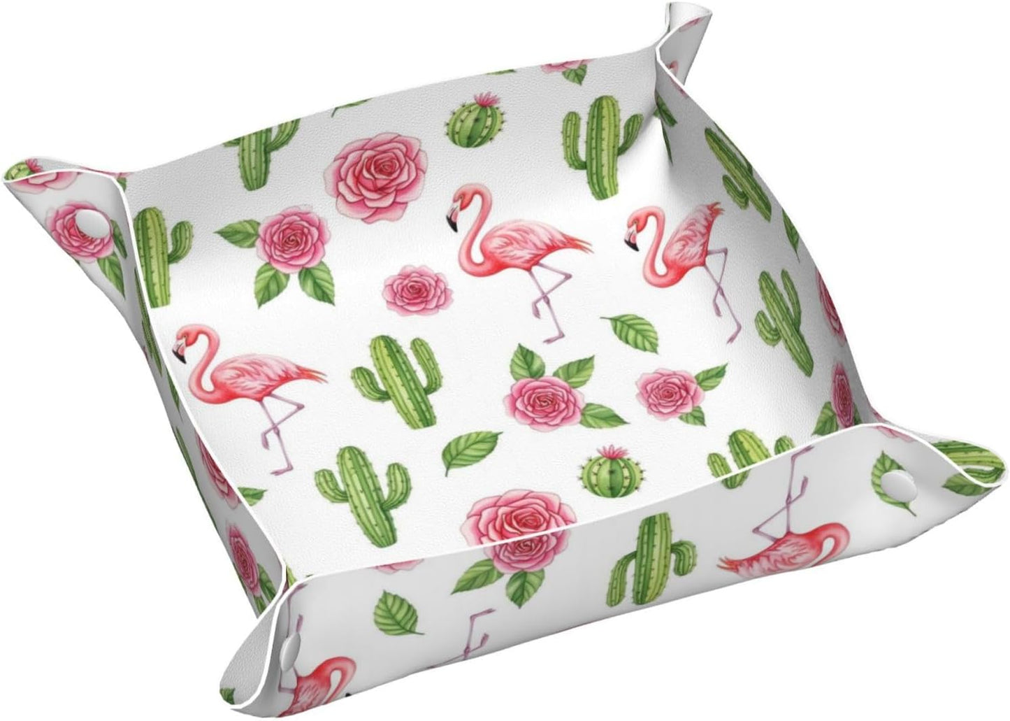 Leather Valet Tray Portable Desk Organizers for Keys Wallet Watch (Pink Rose Cactus Flamingo)