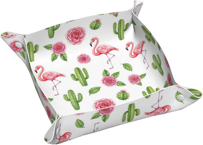 Leather Valet Tray Portable Desk Organizers for Keys Wallet Watch (Pink Rose Cactus Flamingo)