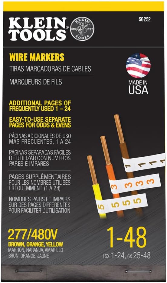 Klein Tools 56250 Wire Marker Book for Cable Management, Electric Panel Organization Wire Label Stickers, Numbered 1-48