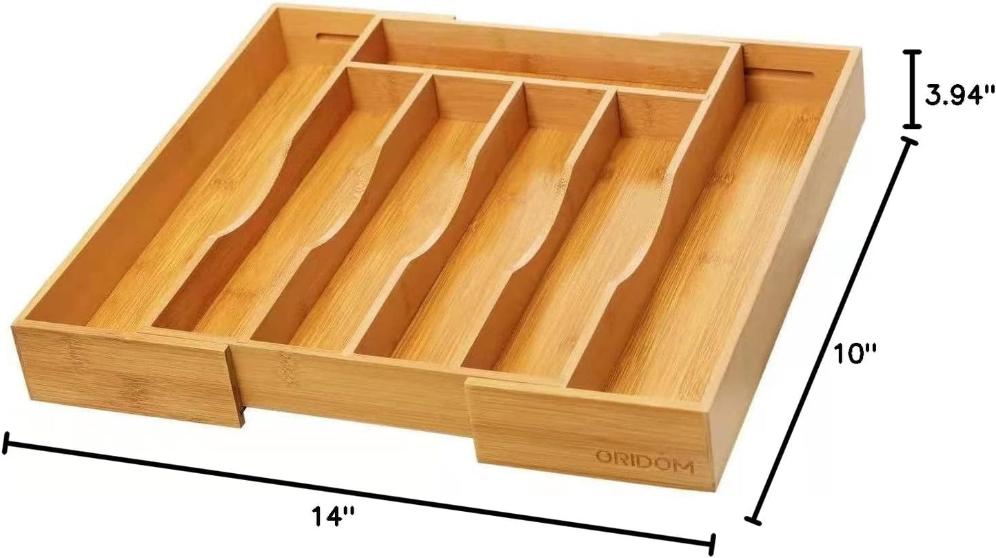 Expandable Bamboo Kitchen Drawer Organizer for Cutlery and Utensils, Adjustable Bamboo Wood Cutlery Tray in Drawer for Flatware and Silverware in Kitchen, (Natural)