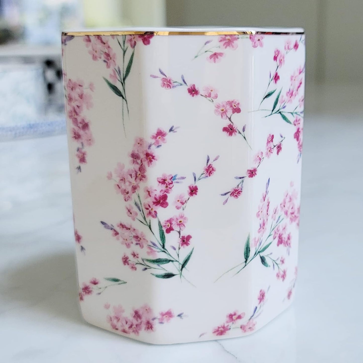 Pencil Holder for Desk Organizer,Ceramic Writing Utensil Storage Organizer Aesthetic Floral Pattern Pen Holder Pen Cup Makeup Brush Holder Creative Gift for Desktop Supplies,School Life Blue