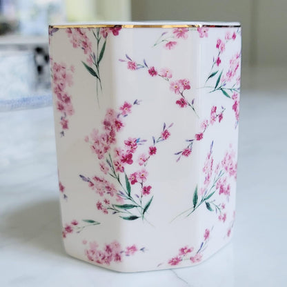 Pencil Holder for Desk Organizer,Ceramic Writing Utensil Storage Organizer Aesthetic Floral Pattern Pen Holder Pen Cup Makeup Brush Holder Creative Gift for Desktop Supplies,School Life Blue