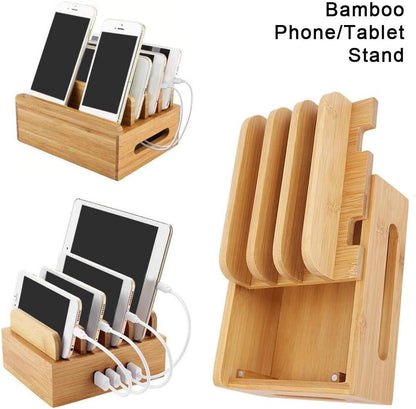 Oumefar Bamboo Multi-Device Stand Holder Charging Station Phone Tablet Charger Organizer 4 in 1 Charging Station for Multiple Devices for Meeting Rooms Restaurants Hotels and Homes