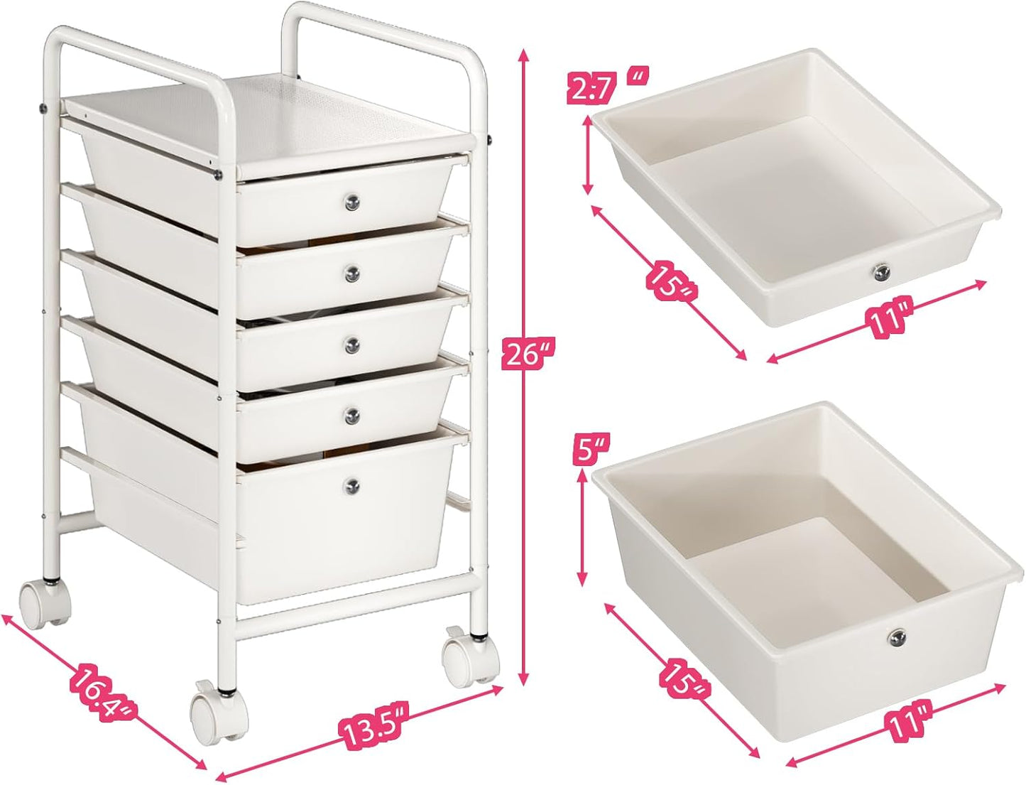 4-Tier Utility Cart with 4 Drawers, Rolling Utility Cart with 2 Lockable Caster Wheels, Multipurpose Mobile Rolling Drawer Cart for Office Bathroom Kitchen, Ivory White