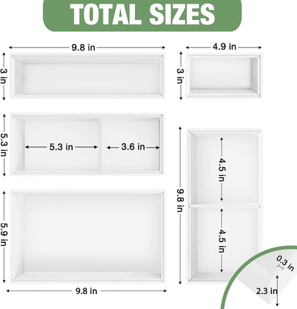 Bamboo Drawer Organizer,5 PCS White Bathroom Tray&Desk Organizers and Storage,Cabinet Divider With Removable Silverware Organization for Kitchen,Utensils,Junk,Office,Makeup
