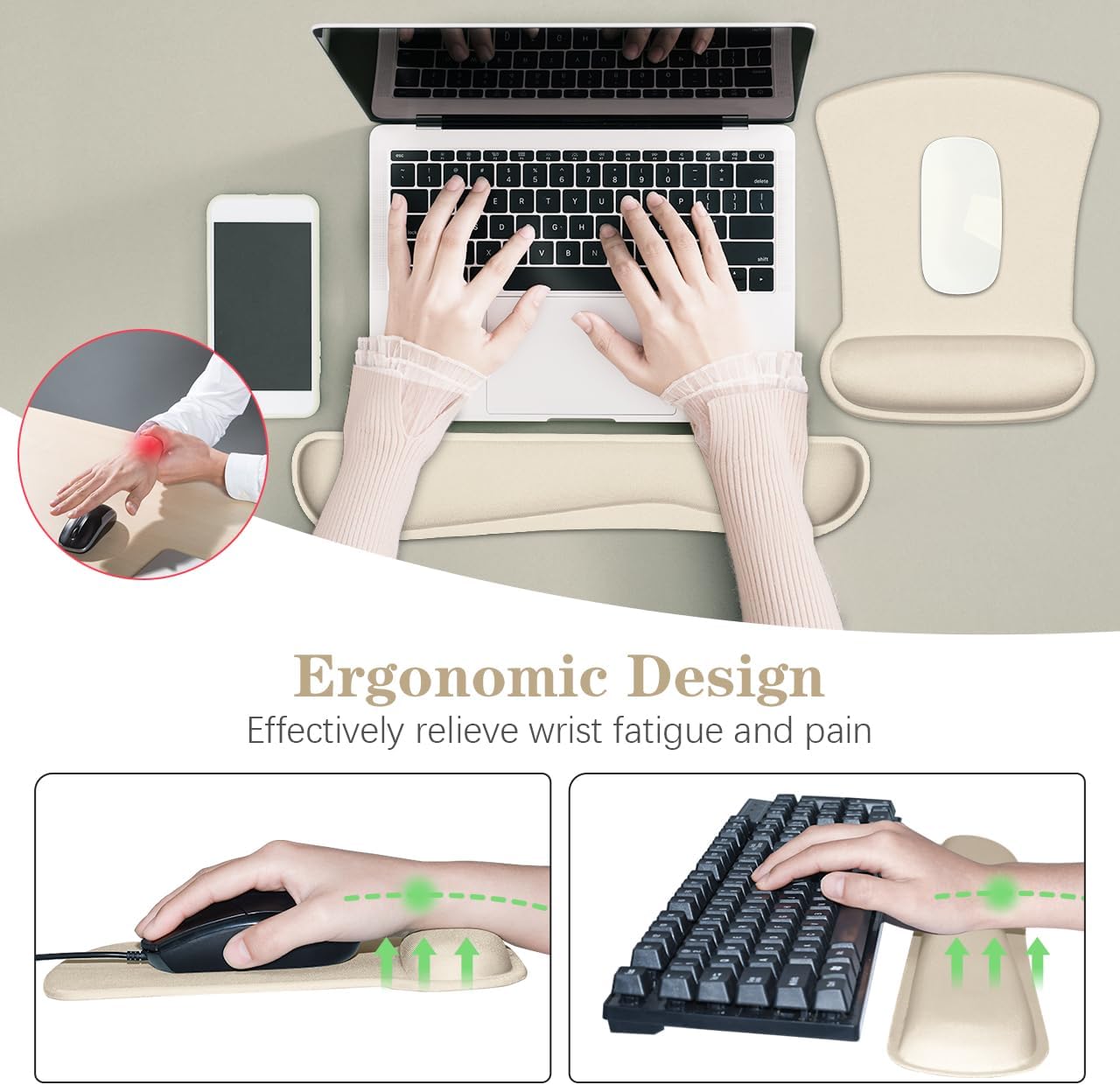 Ergonomic Wrist Rest Support for Mouse Pad and Keyboard Set, Comfortable Memory Foam Keyboard Pad and Soft Gel Mouse Pad, Easy Typing and Pain Relief for Gaming, Office, Laptop, Apricot