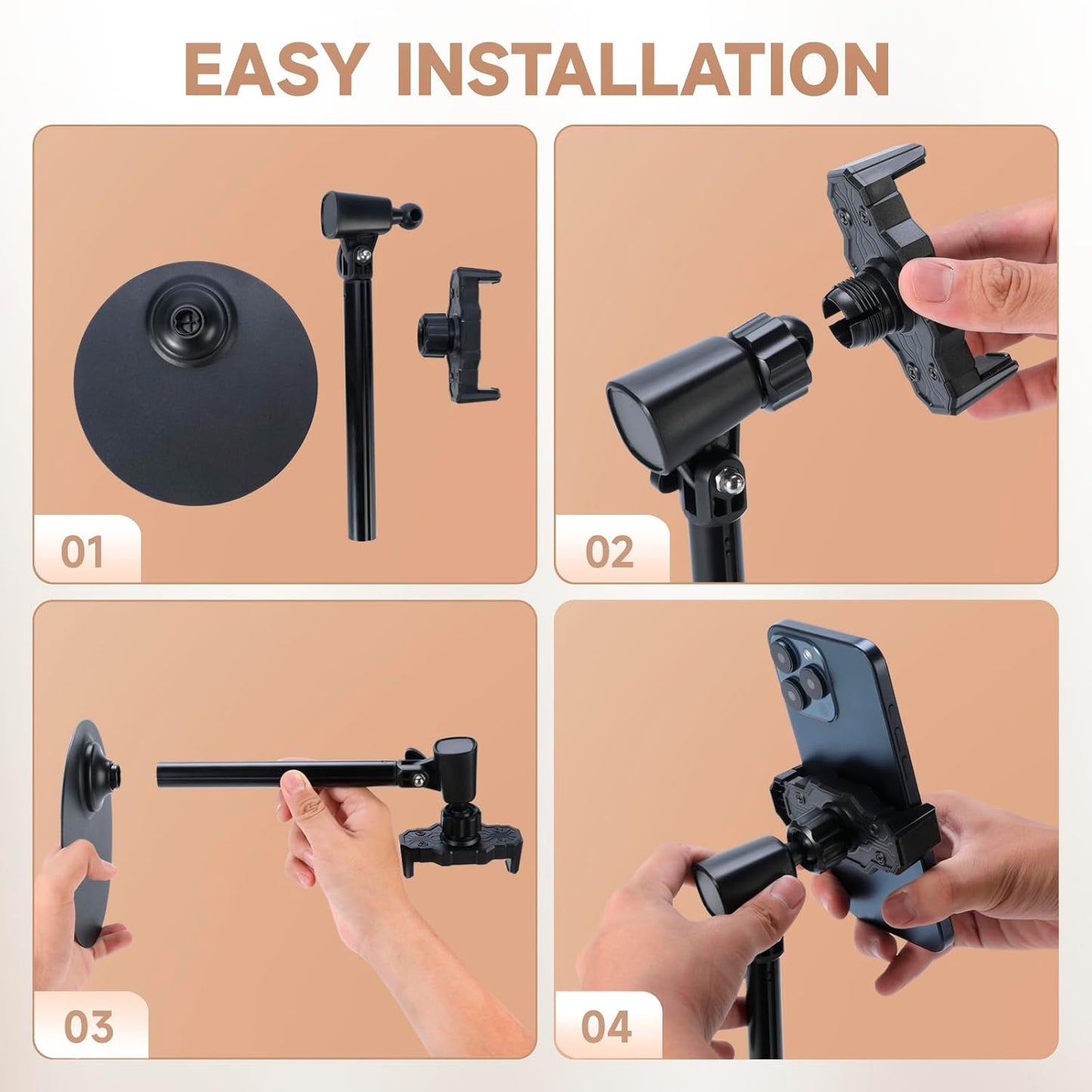 Adjustable Phone Stand for Desk with Clip Mount Live Streaming: 360° Rotatable Overhead Shot Holder with Sturdy Metal Base, Compatible with TikTok, YouTube, Zoom Video Recording (White)
