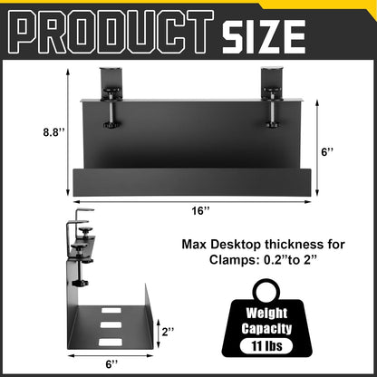 16×5×3 Inch No Drill Clamp-on Power Strip Cable Management Tray Under Standing Desk Steel Cable Organizer Wire Cord Tamer for Office, Home, Garage(Black)