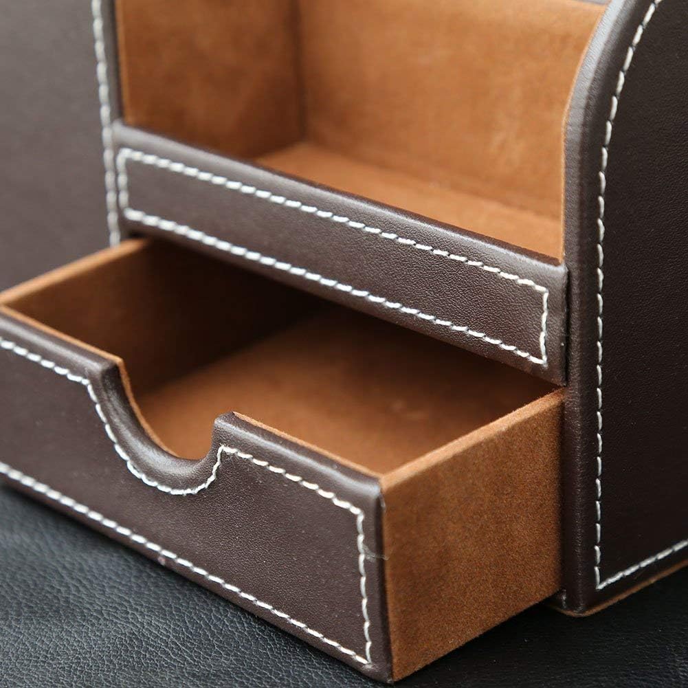 KINGFOM Desk Organizer Office Supplies Caddy Pu Leather Multi-function Storage Box Pen/Pencil,Cell phone, Business Name Cards Remote Control Holder with Small Drawer Black