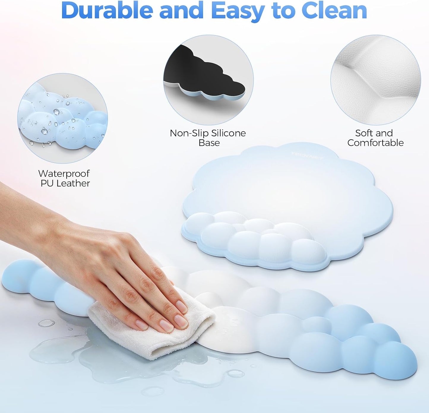 TECKNET Cloud Mouse Pad with Wrist Rest, Ergonomic Cloud Wrist Rest with Non-Slip Base, PU Leather Memory Foam Mouse Pad Wrist Support for Keyboard and Mouse, Pain Relief for Typing, Gaming, White