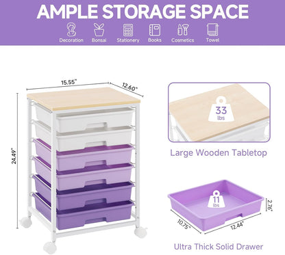 SYKIARIOL Rolling Storage Utility Cart with 6 Drawers and Wooden Tabletop for Under Desk Storage,White