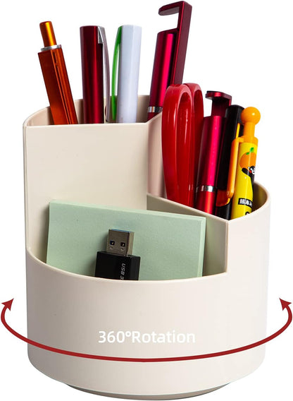 Desk Pencil Pen Holder, 3 Slots 360-Degree Spinning Organizers, Desktop Storage Stationery Supplies, Cute Cup Pot for Office, School, Art Supply, Kids - White