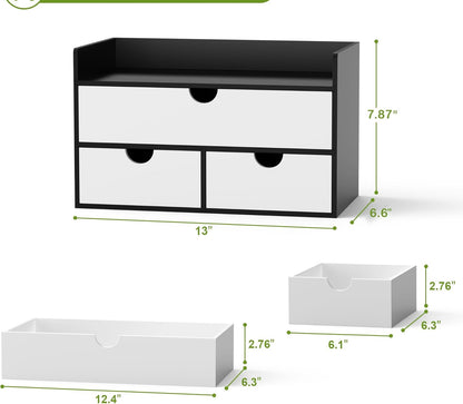 Desk Organizer with Drawers - Bamboo Desktop Organizer Storage | Wood Desk Drawers Organizer for Bills, Office Supplies, Cosmetics, Seals No Assembly Required (3 Drawer with Big Drawer)
