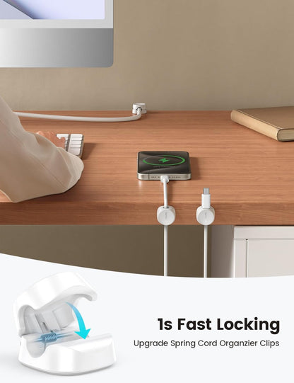 8Pack Cord Organizer [1s Lock] Spring Cable Management Clips - Lamicall Desk Organizer Cord Holder, Adhesive Cable Clips, Phone Charger Wire Keeper for Nightstand Car Office Desk Accessories, White
