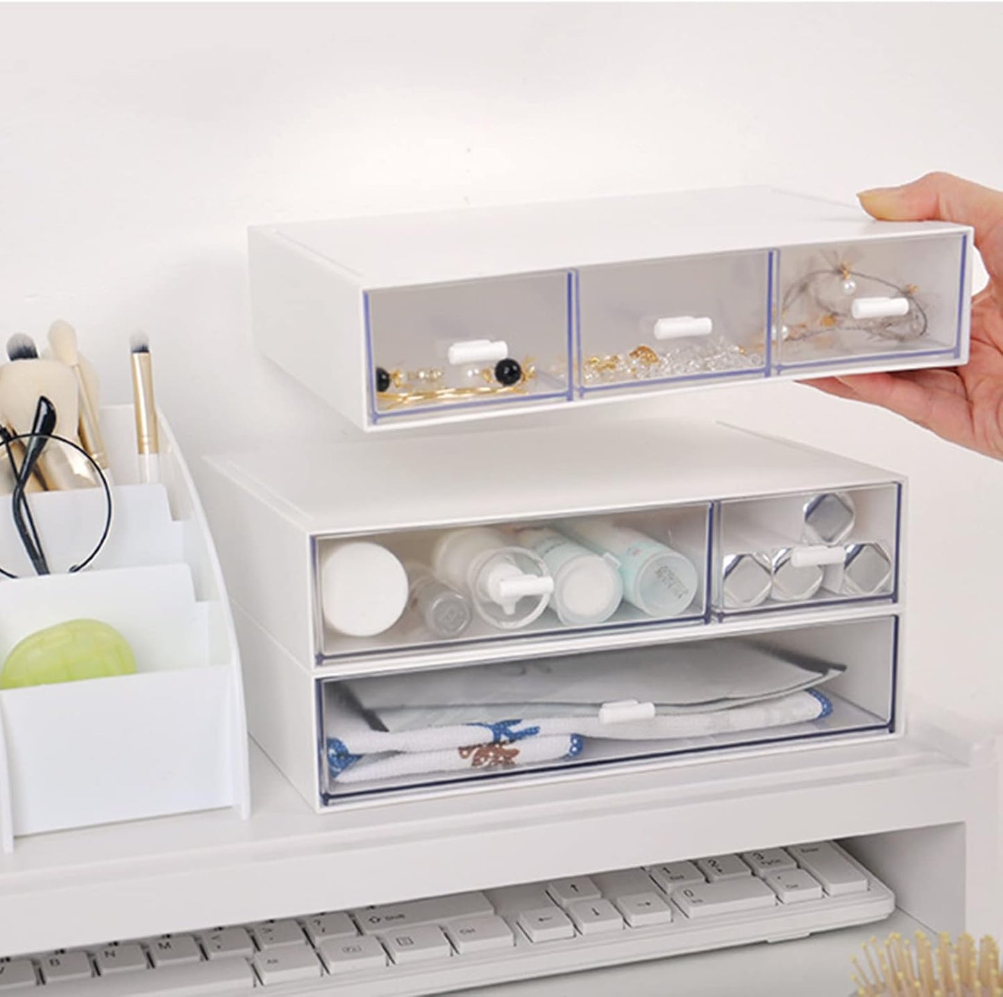 Desk Organizer with Drawers Stackable Storage Drawers, Plastic Compact Desk Storage Box Great for Office School Home Small Space- 1drawers (White)