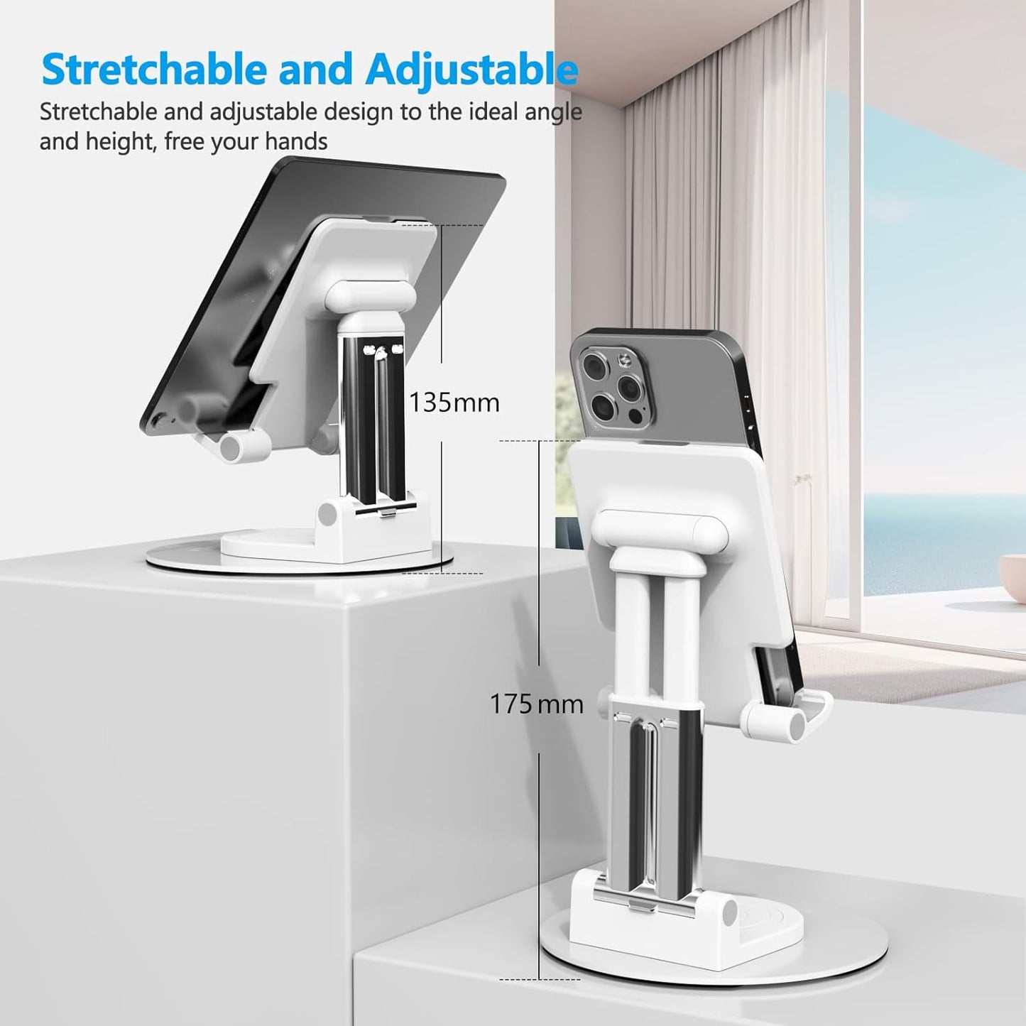YXLILI Foldable Phone Stand Adjustable Angle Height Cell Phone Holder for Desk 360° Rotating Cellphone Stand for Office Compatible with iPhone14/13/12/11 Pro, Max, Mini, iPad(4-12.9 inch) (White)