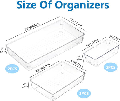 Kutesna 3 Pcs Large Clear Drawer Organizer Set, 15" X 6" Desk Drawer Organizers Trays with Non-Slip Silicone Pads, Storage Bins for Makeup, Office, Kitchen Gadgets Utensils, Bedroom, Tools, Bathroom