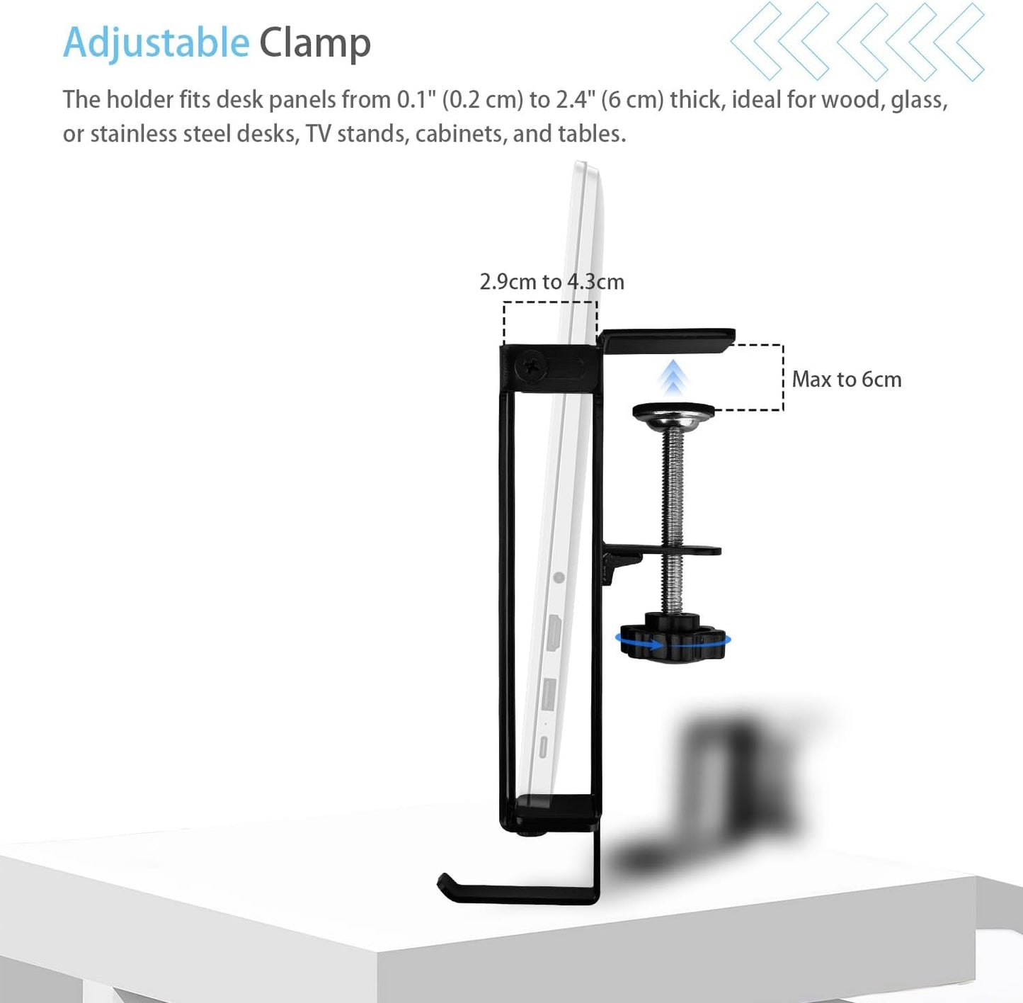 IFCASE Adjustable Desk Side Laptop Mount Holder with Headphone Hook, No Drill Desk Storage Organizer (White)
