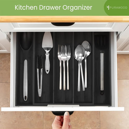 Purawood Kitchen Drawer Organizer - Expandable Utensil Drawer Organizer for Kitchen, Cutlery Tray & Silverware Organizer, 3-5 Slots - Bamboo Organizer for Utensils & Flatware (Natural)